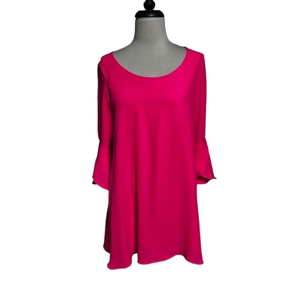 Takara Bell Sleeve Hot Pink Chiffon Flowy Mini Dress Size Small
